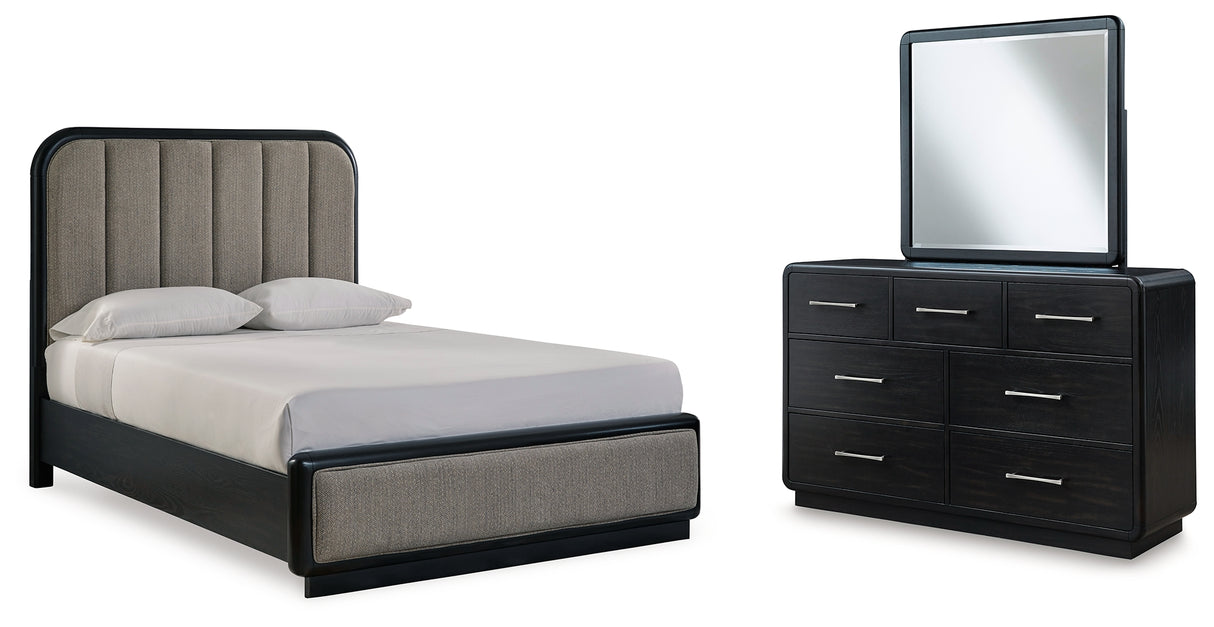 Furniture City Houma - Ashley Furniture - Rowanbeck Queen Upholstered Panel Bed - Queen Upholstered Panel Bed, Dresser and Mirror / Black - B821B3