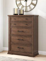 Furniture City Houma - Ashley Furniture - Taffenbrook Bedroom - Five Drawer Chest / Medium Brown - B849-46