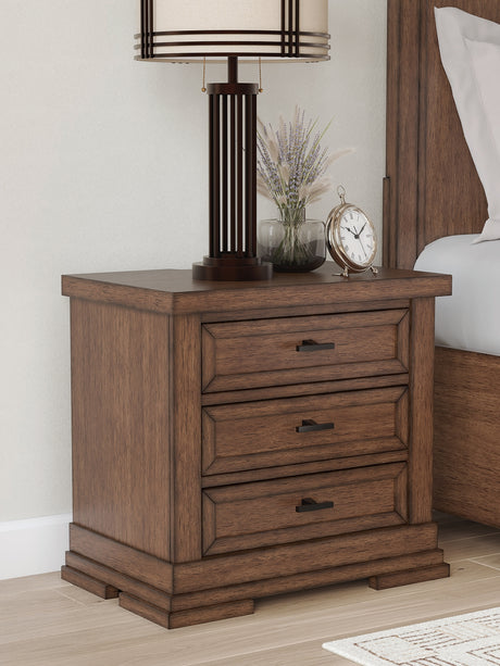 Furniture City Houma - Ashley Furniture - Taffenbrook Nightstand - Three Drawer Night Stand / Medium Brown - B849-93
