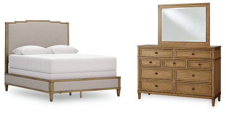 Sharlance Queen Upholstered Panel Bed, Dresser and Mirror