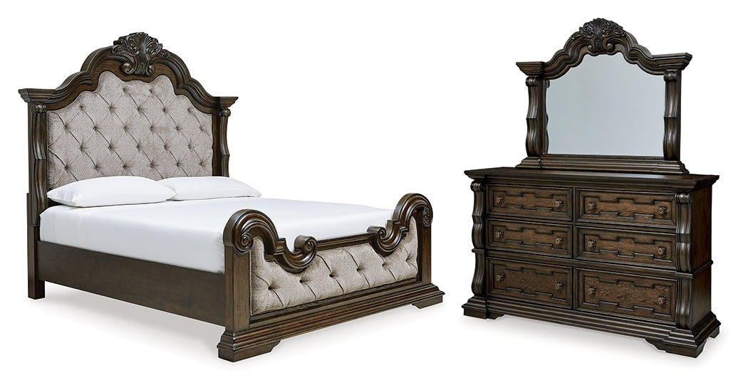 Furniture City Houma - Ashley Furniture - Maylee Queen Upholstered Bed - Queen Upholstered Bed, Dresser and Mirror / Dark Brown - B947B3