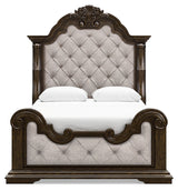 Maylee Queen Upholstered Panel Bed, Dresser, Mirror and Nightstand