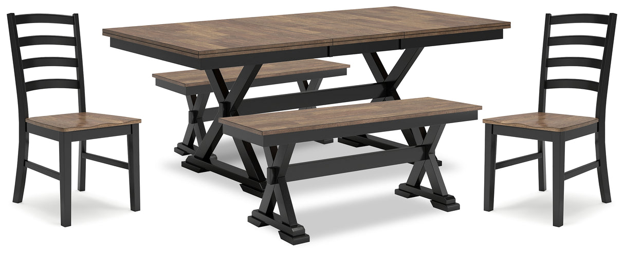 Furniture City Houma - Ashley Furniture - Wildenauer Dining Table, 2 Chairs and 2 Benches - Dining Table, 2 Chairs and 2 Benches / Brown/Black - D634D7