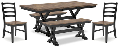 Furniture City Houma - Ashley Furniture - Wildenauer Dining Table, 2 Chairs and 2 Benches - Dining Table, 2 Chairs and 2 Benches / Brown/Black - D634D7