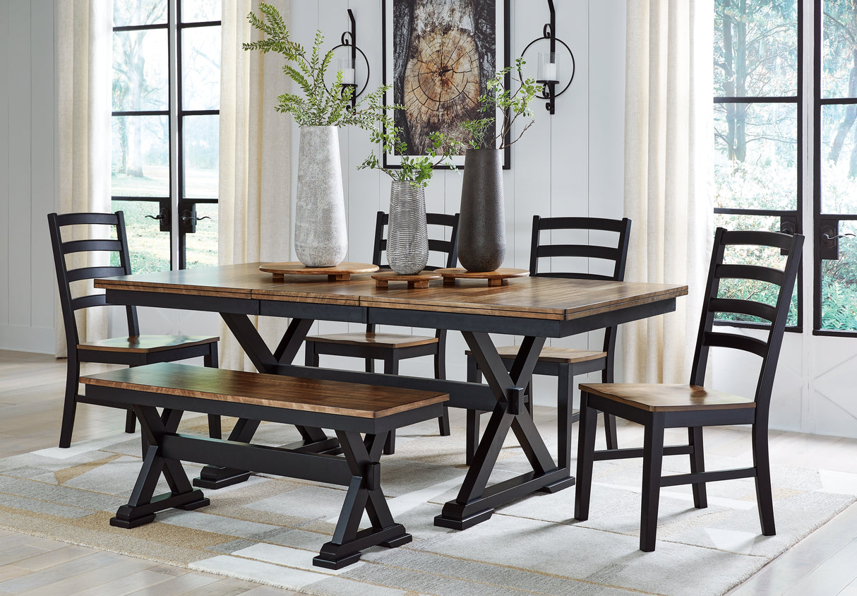 Furniture City Houma - Ashley Furniture - Wildenauer Dining Table, 4 Chairs and Bench - Dining Table, 4 Chairs and Bench / Brown/Black - D634D2