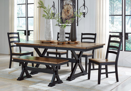 Furniture City Houma - Ashley Furniture - Wildenauer Dining Table, 4 Chairs and Bench - Dining Table, 4 Chairs and Bench / Brown/Black - D634D2