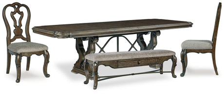 Furniture City Houma - Ashley Furniture - Maylee Dining Table, 2 Chairs and Bench - Dining Table, 2 Chairs and Bench / Dark Brown - D947D12