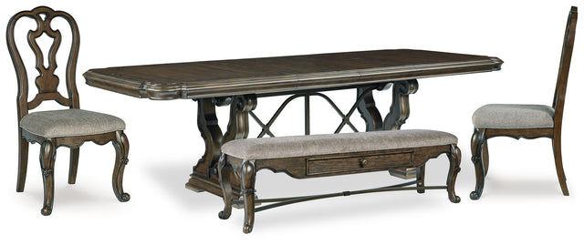 Furniture City Houma - Ashley Furniture - Maylee Dining Table, 2 Chairs and Bench - Dining Table, 2 Chairs and Bench / Dark Brown - D947D12