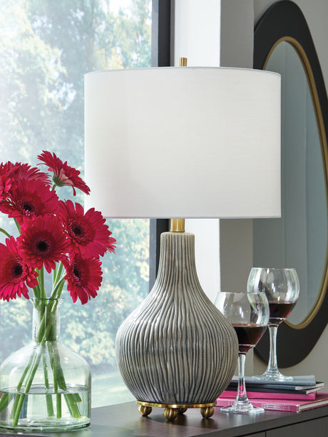 Furniture City Houma - Ashley Furniture - Judlen Table Lamp - Ceramic Table Lamp (1/CN) / Gray/Gold Finish - L100844
