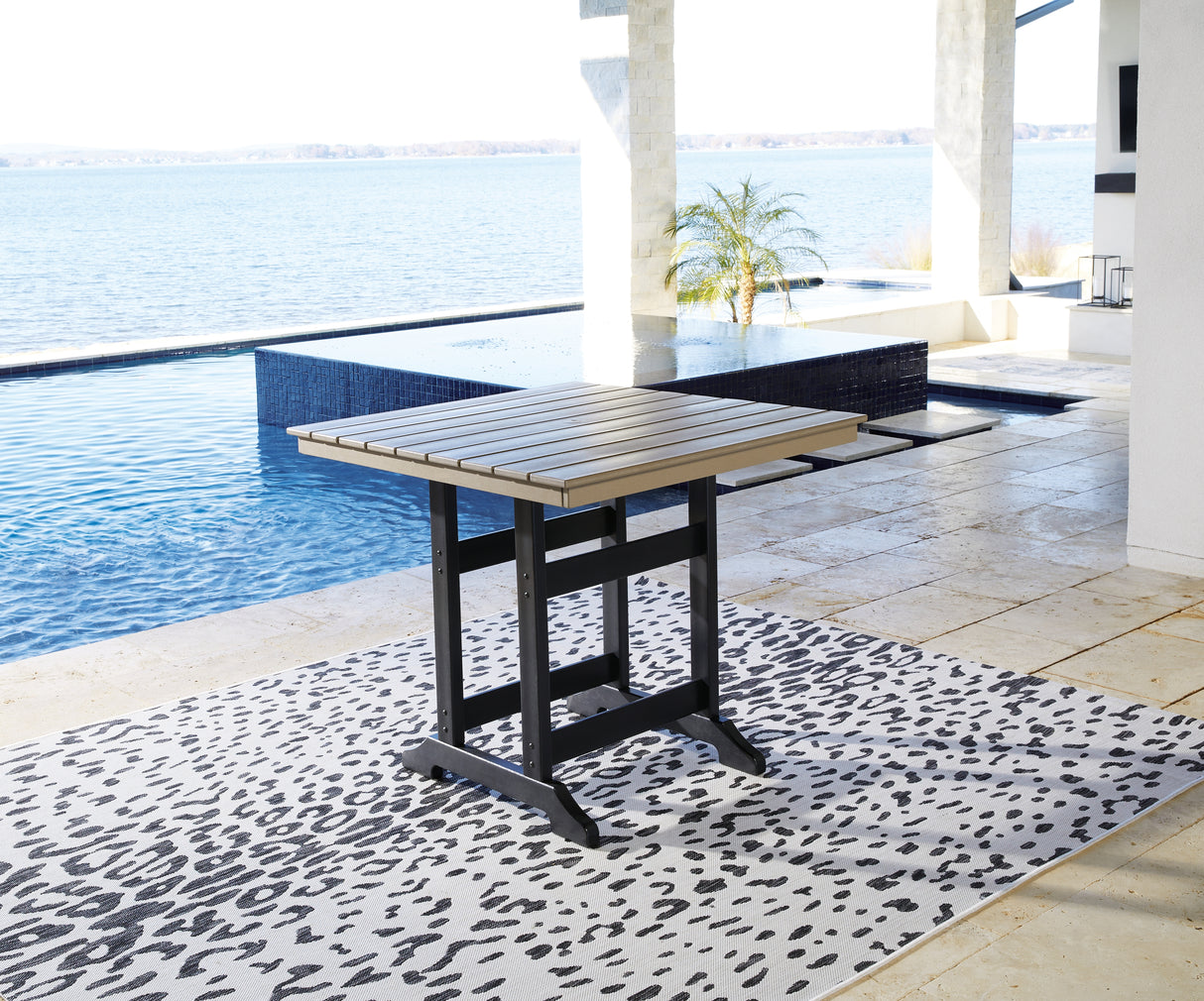 Furniture City Houma - Ashley Furniture - Fairen Trail Outdoor Counter Height Dining Table - Square Counter TBL w/UMB OPT / Black/Driftwood - P211-632