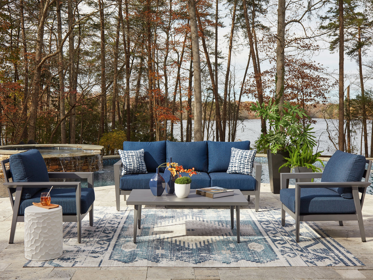 Furniture City Houma - Ashley Furniture - Gali Outdoor Sofa/Chairs/Table Set (Set of 4) - Sofa/Chairs/Table Set (4/CN) / Gray/Blue - P275-081