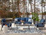 Furniture City Houma - Ashley Furniture - Gali Outdoor Sofa/Chairs/Table Set (Set of 4) - Sofa/Chairs/Table Set (4/CN) / Gray/Blue - P275-081