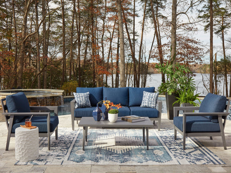Furniture City Houma - Ashley Furniture - Gali Outdoor Sofa/Chairs/Table Set (Set of 4) - Sofa/Chairs/Table Set (4/CN) / Gray/Blue - P275-081