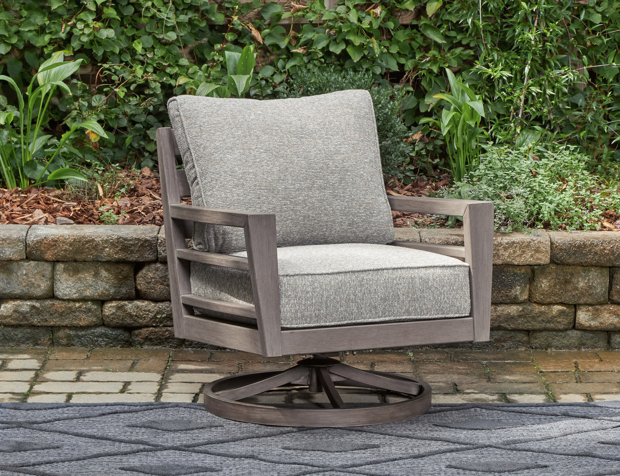 Furniture City Houma - Ashley Furniture - Hillside Barn Outdoor Swivel Lounge with Cushion - Swivel Lounge w/ Cushion / Gray/Brown - P564-821