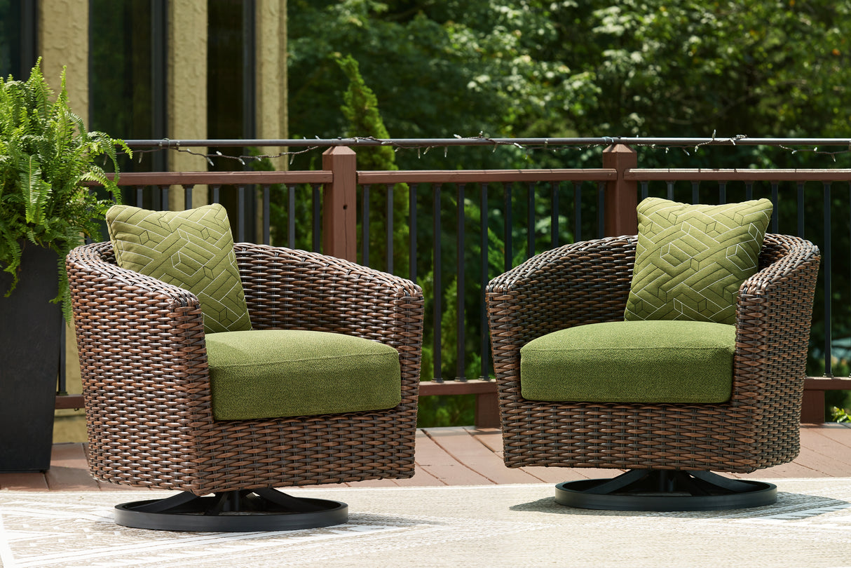Furniture City Houma - Ashley Furniture - Horizon Hall Outdoor Swivel Lounge Chair with Cushion - Swivel Lounge w/ Cushion / Brown/Green - P572-821
