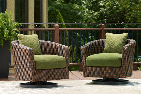 Furniture City Houma - Ashley Furniture - Horizon Hall Outdoor Swivel Lounge Chair with Cushion - Swivel Lounge w/ Cushion / Brown/Green - P572-821