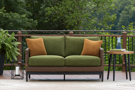 Furniture City Houma - Ashley Furniture - Horizon Hall Outdoor Loveseat with Cushion - Loveseat w/Cushion / Brown/Green - P572-835