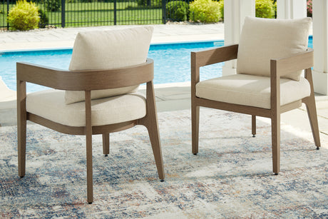Furniture City Houma - Ashley Furniture - Serene Bay Outdoor Dining Arm Chair with Cushion (Set of 2) - Arm Chair With Cushion (Set of 2) / Dark Brown/White - P671-601A