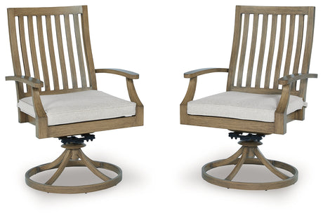 Furniture City Houma - Ashley Furniture - Rainier Ranch Outdoor Swivel Chair with Cushion (Set of 2) - Swivel Chair w/Cushion (Set of 2) / Brown/Beige - P701-602A