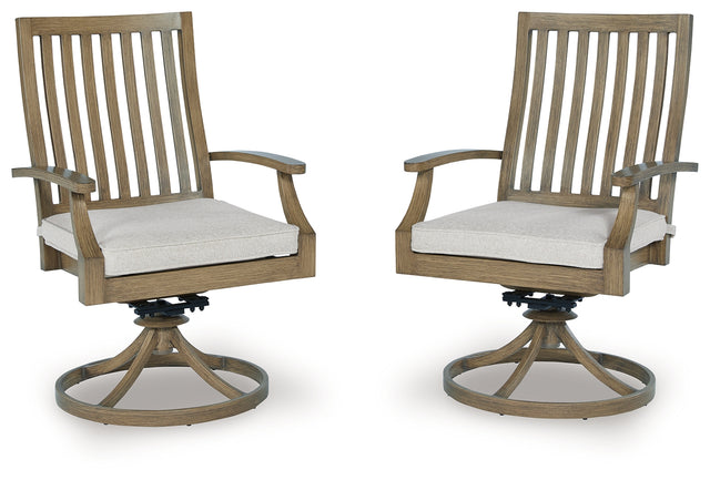 Furniture City Houma - Ashley Furniture - Rainier Ranch Outdoor Swivel Chair with Cushion (Set of 2) - Swivel Chair w/Cushion (Set of 2) / Brown/Beige - P701-602A