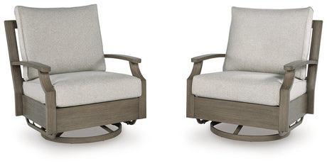 Furniture City Houma - Ashley Furniture - Rainier Ranch Outdoor Swivel Glider Chair with Cushion - Swivel Glider Chair w/Cushion / Brown/Beige - P701-821