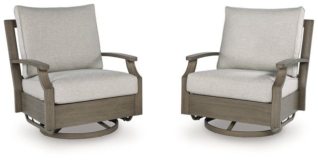 Furniture City Houma - Ashley Furniture - Rainier Ranch Outdoor Swivel Glider Chair with Cushion - Swivel Glider Chair w/Cushion / Brown/Beige - P701-821