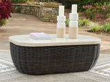 Furniture City Houma - Ashley Furniture - Kimora Outdoor Coffee Table - Rectangular Cocktail Table / Beige/Dark Brown - P711-701