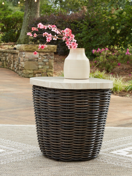 Furniture City Houma - Ashley Furniture - Kimora Outdoor End Table - Square End Table / Beige/Dark Brown - P711-702