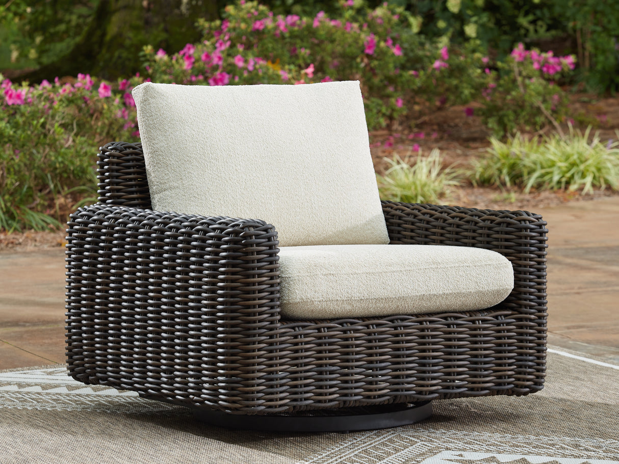Furniture City Houma - Ashley Furniture - Kimora Outdoor Swivel Lounge Chair - Swivel Glider Lounge w/Cushion / Beige/Dark Brown - P711-821