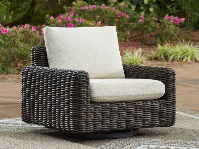 Furniture City Houma - Ashley Furniture - Kimora Outdoor Swivel Lounge Chair - Swivel Glider Lounge w/Cushion / Beige/Dark Brown - P711-821