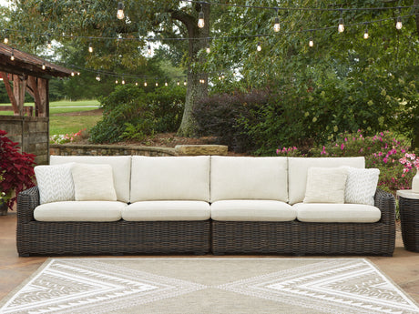 Furniture City Houma - Ashley Furniture - Kimora Outdoor Right and Left-arm Facing Loveseat with Cushion (Set of 2) - RAF/LAF Loveseat w/CUSH (Set of 2) / Beige/Dark Brown - P711-854