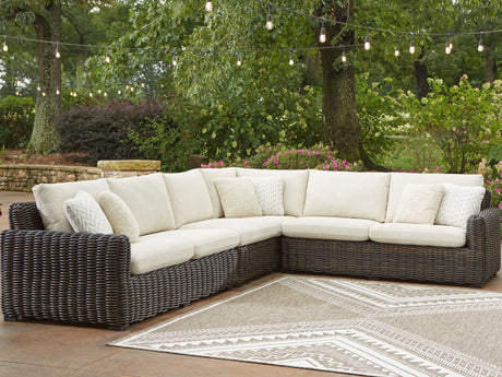 Furniture City Houma - Ashley Furniture - Kimora 4-Piece Outdoor Sectional - 4-Piece Outdoor Sectional / Beige/Dark Brown - P711P2