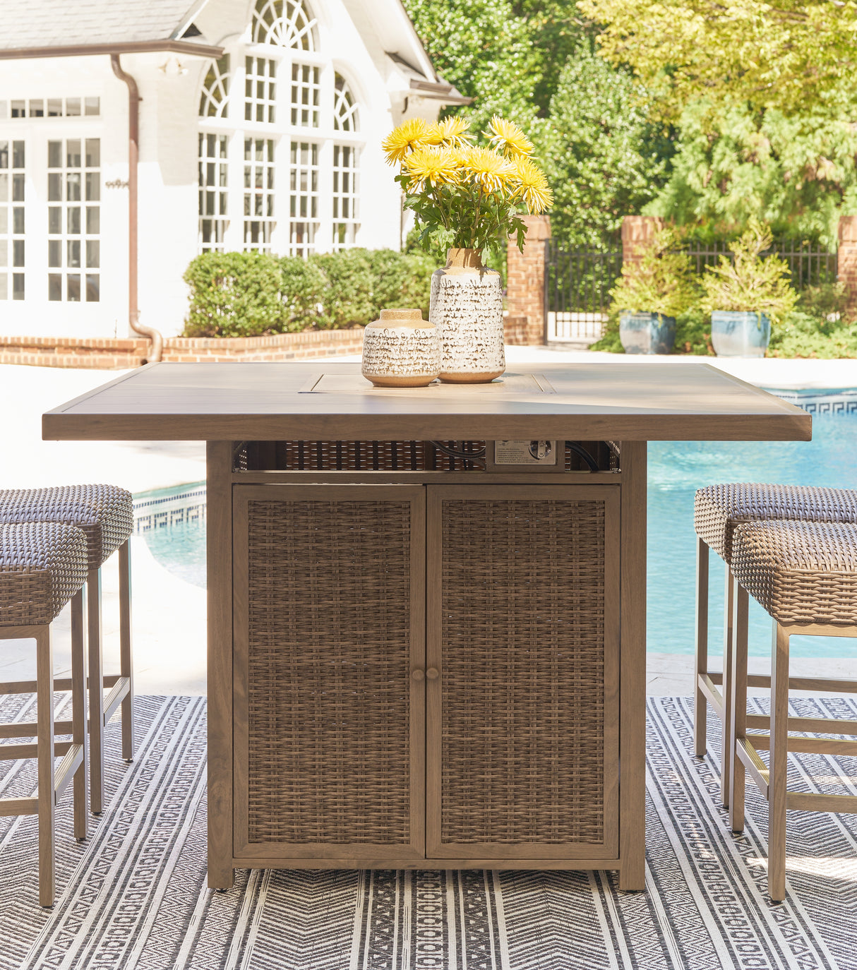 Furniture City Houma - Ashley Furniture - Walton Bridge Outdoor - Square Bar Table w/Fire Pit / Driftwood - P749-665