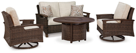 Furniture City Houma - Ashley Furniture - Paradise Trail Outdoor Loveseat, Fire Pit Table and 2 Lounge Chairs - Outdoor Loveseat, Fire Pit Table and 2 Lounge Chairs - P750P9