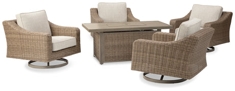 Furniture City Houma - Ashley Furniture - Beachcroft 5-Piece Outdoor Fire Pit Table with 4 Chairs - 5-Piece Outdoor Fire Pit Table with 4 Chairs / Beige - P791P17