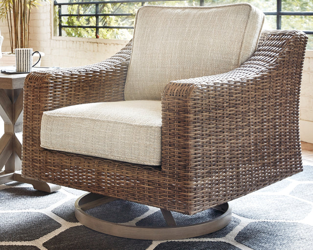 Furniture City Houma - Ashley Furniture - Beachcroft Outdoor Swivel Lounge with Cushion - Swivel Lounge Chair (1/CN) / Beige - P791-821