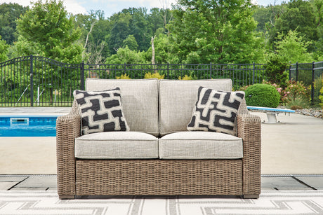 Furniture City Houma - Ashley Furniture - Beachcroft Outdoor Loveseat with Cushion - Loveseat w/Cushion / Beige - P791-835