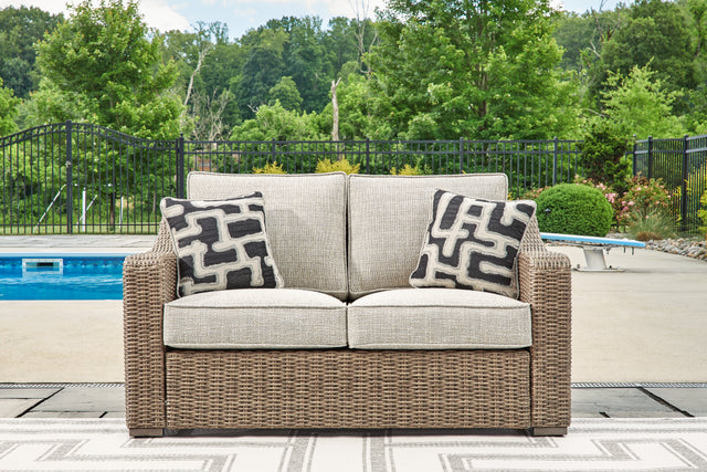 Furniture City Houma - Ashley Furniture - Beachcroft Outdoor Loveseat with Cushion - Loveseat w/Cushion / Beige - P791-835