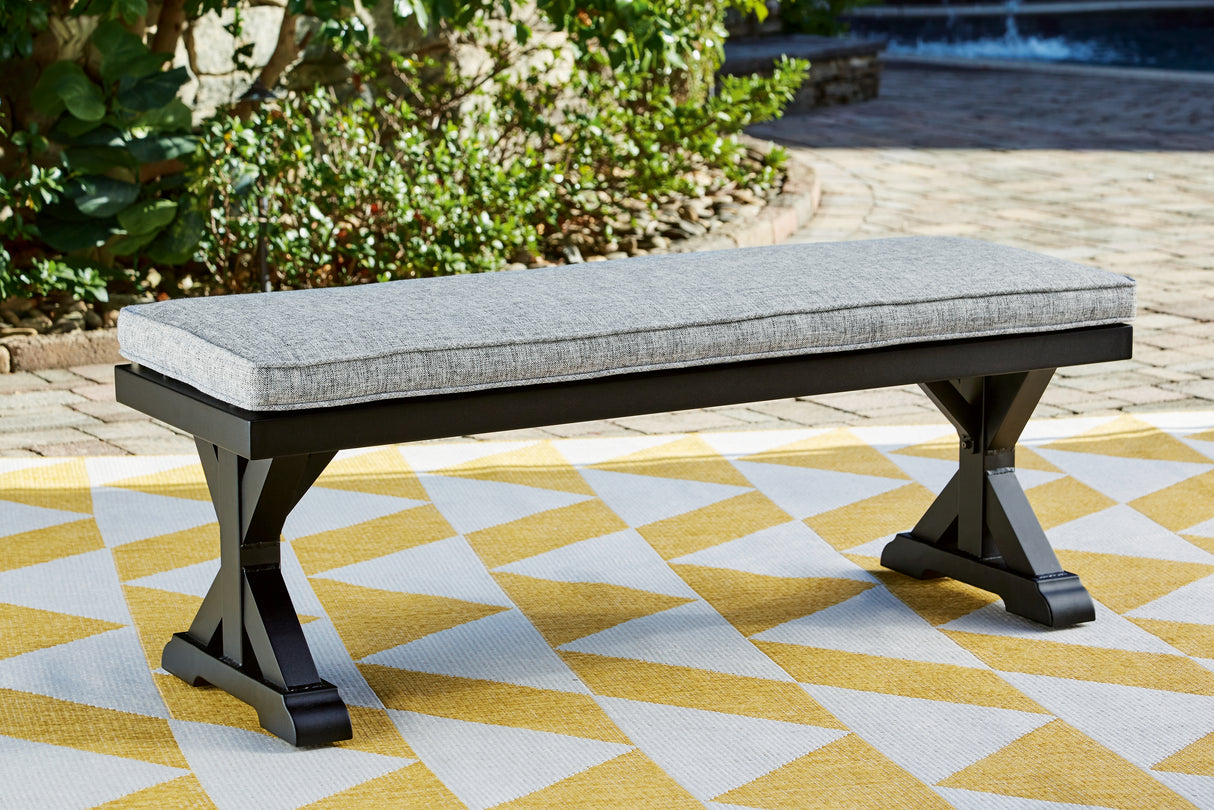 Furniture City Houma - Ashley Furniture - Beachcroft Outdoor Bench with Cushion - Bench with Cushion / Black/Light Gray - P792-600