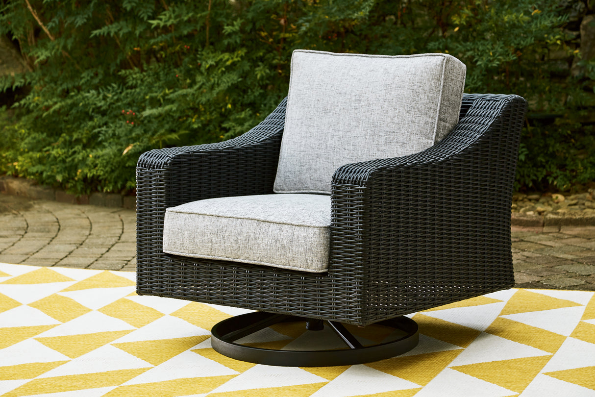 Furniture City Houma - Ashley Furniture - Beachcroft Outdoor Swivel Lounge with Cushion - Swivel Lounge Chair (1/CN) / Black/Light Gray - P792-821
