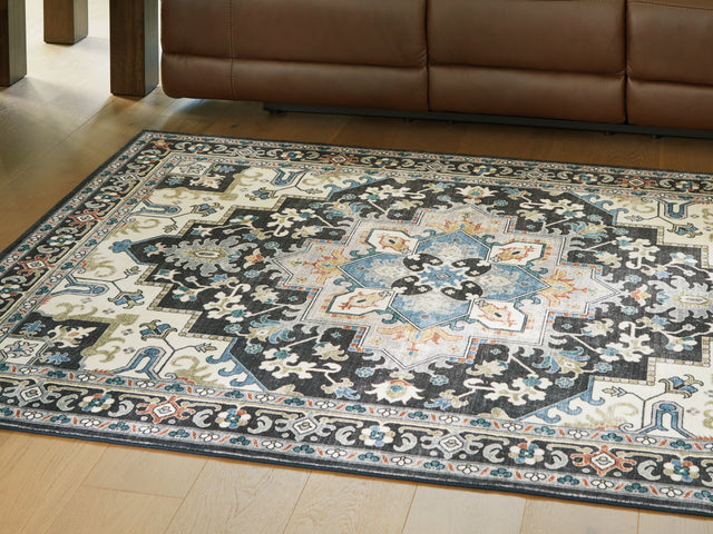 Furniture City Houma - Ashley Furniture - Leningston 5' x 7' Washable Rug - 5' x 7' Washable Rug / Black/Cream/Blue - R407062
