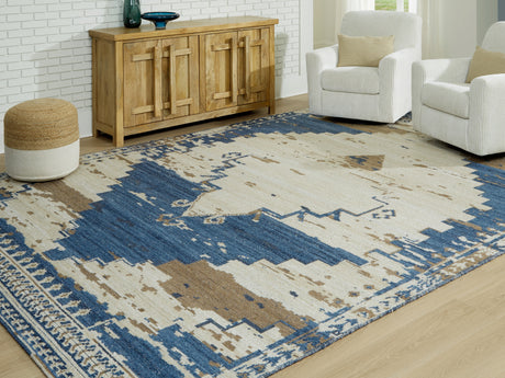 Furniture City Houma - Ashley Furniture - Varnler Rug - 5' x 7' Rug / Blue/Brown/Tan - R407132