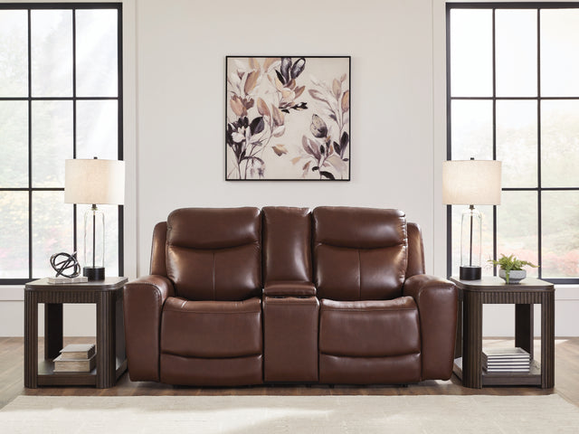 Furniture City Houma - Ashley Furniture - Next Move Power Reclining Loveseat with Console - PWR REC Loveseat/CON/ADJ HDRST / Mahogany - PCU1210218