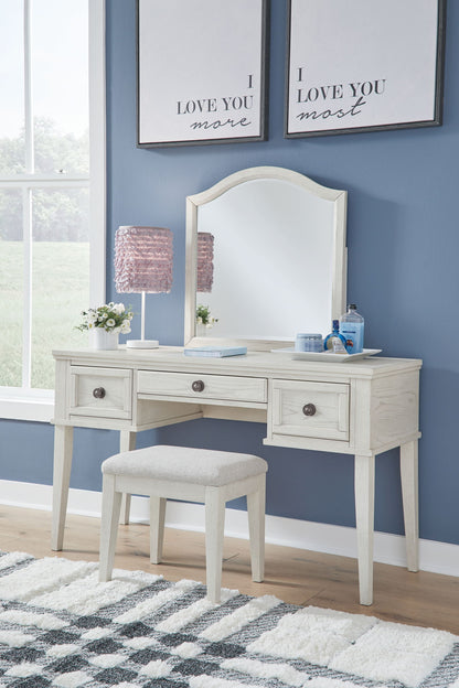 Robbinsdale - Mirrored Vanity With Stool - Antique White