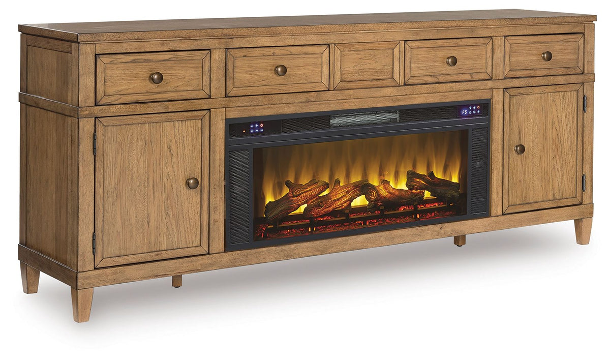 Sharlance - 81" TV Stand With Electric Infrared Fireplace Insert - Light Brown
